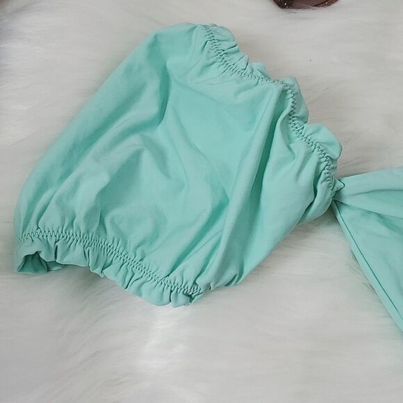 Lulu's Tidal Vibes Seafoam Teal Tie-Front Puff Sleeve Bikini Top NWOT Size Small - Picture 12 of 14
